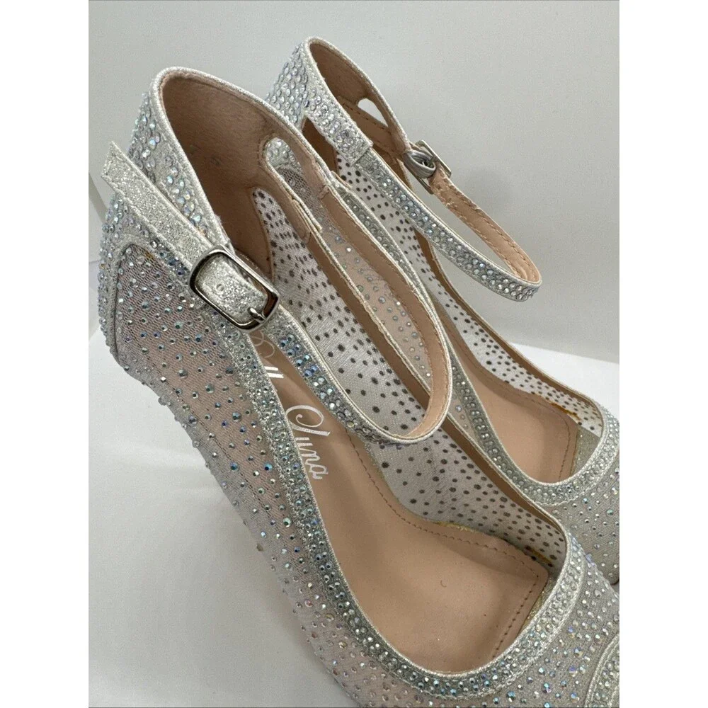Bella Luna Silver Mesh Jeweled Heel Stiletto narrow Open Toe Shoes Size 7.5